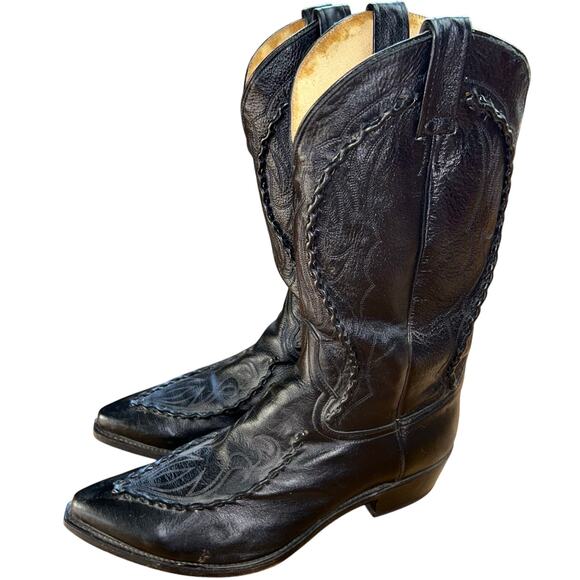 Vintage Dan Post Men's Black Leather Boots Deertan Cowboy Western USA Sz 11 EW - Picture 5 of 9